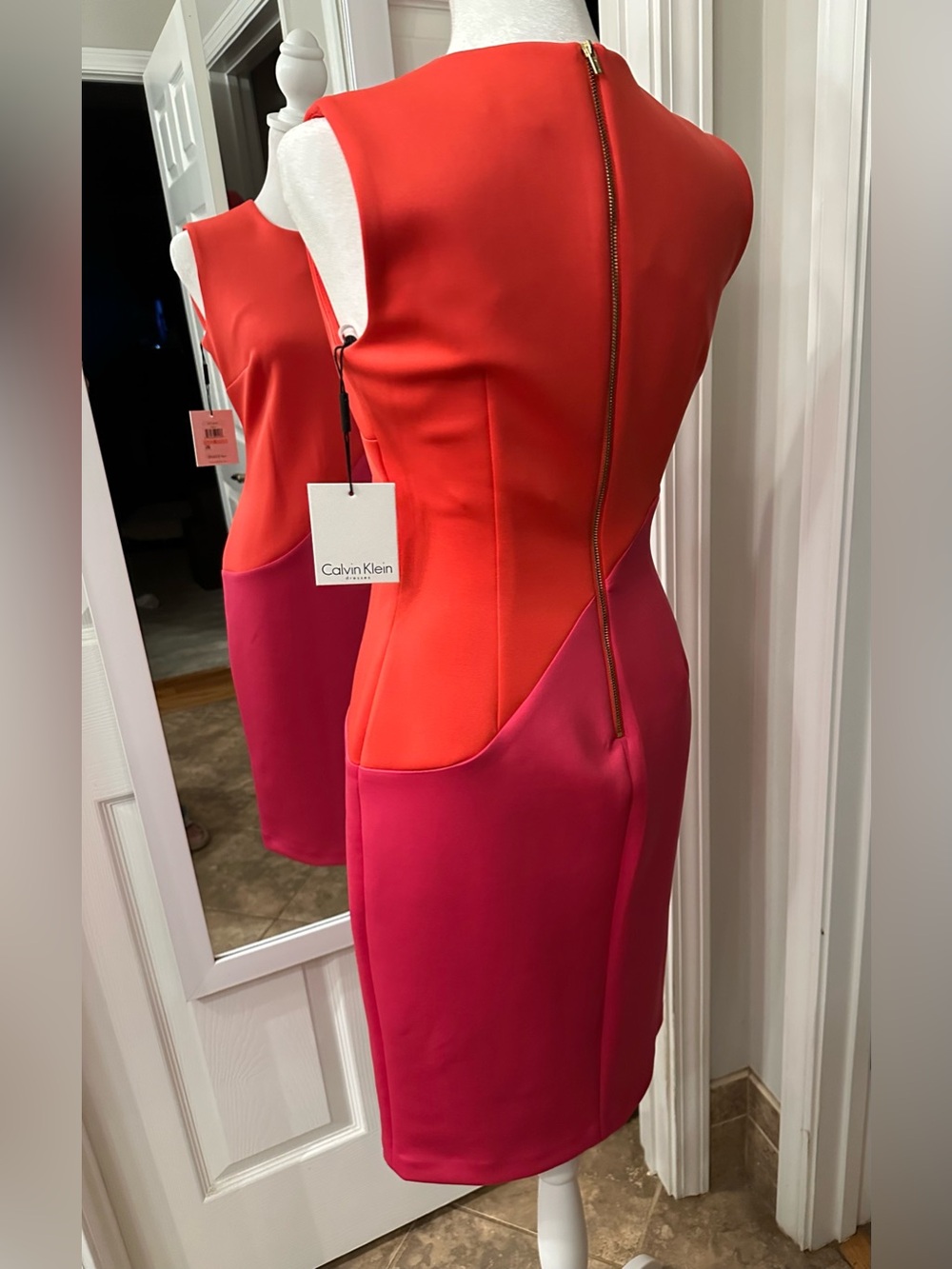 Calvin Klein Coral and Fuchsia Colorblock Midi Sheath Dress - Picture 4 of 10